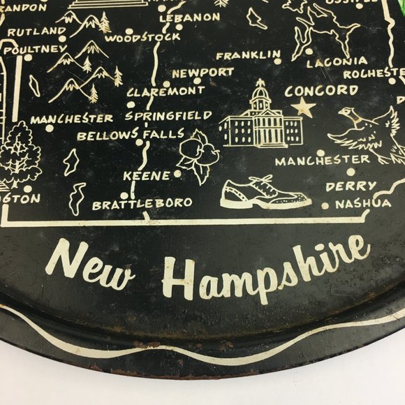 Vintage Aged Vermont New Hampshire Round Black Tin Metal Tray Souvenir Imagery - Picture 6 of 10